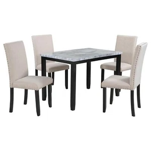 Faux Marble 5 Piece Dining Set Table with 4 Cushioned Chairs White Beige Black - Picture 1 of 12