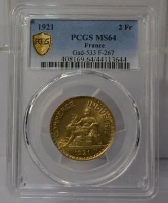 1921 2 FRANC, FRANCE PCGS MS64 GAD-533, F-267 UNCIRCULATED COIN - Image 1 of 4
