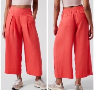 Athleta Playa Linen Wide Leg Crop Pants size 4 Coral Pull On Elastic Waist Beach - Picture 1 of 10