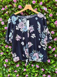 Red Herring at Debenhams Navy Floral Flutter Sleeve Tie Front Blouse Top Size 12 - Picture 1 of 5