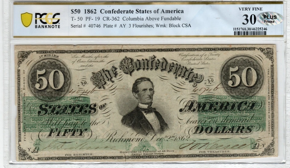 T-50 PF-19 1862 $50 Confederate Paper Money - PCGS-B Very Fine 30 - PLUS! - Image 1 of 2