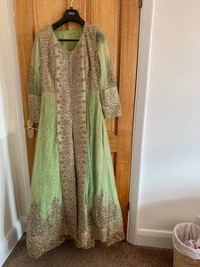 asian party special occasion anarkali mint green intricate embroidered net gown - Picture 1 of 16