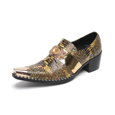 Mens Pointed Toe Real Leather Pull on Cuban Heel Snakeskin Print Nightclub Shoes - Image 1 of 4