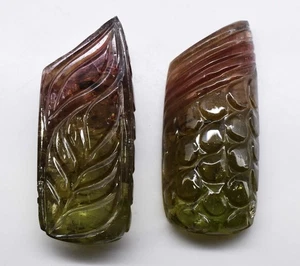 108 Ct Natural Bi-Color Tourmaline Certified Untreated Carving Gemstone Pair - Picture 1 of 4