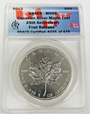 Canadá 2013 1 oz hoja de arce ANACS MS 69 25 aniversario Primeros lanzamientos 225 de 476 Foto 1 de 2