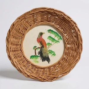 Vintage Volkskunst Feder Handarbeit Vogel mit geflochtenem Korbrahmen Mid Century Modern - Bild 1 von 4