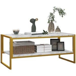 HOMCOM Two-Tier Coffee Table with Marble Effect Shelf and Metal Frame White - Picture 1 of 11