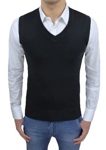 HERREN ÄRMELLOSE WESTE SCHWARZ SLIM FIT ENG ANLIEGEND CASUAL CARDIGAN BAUCH MIEDER  - Bild 1 von 2