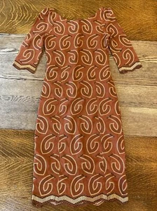 VTG Handmade Wiggle Dress Womens XS Orange Embroidered Boat Neck 3/4 Sleeves Zip - Picture 1 of 11