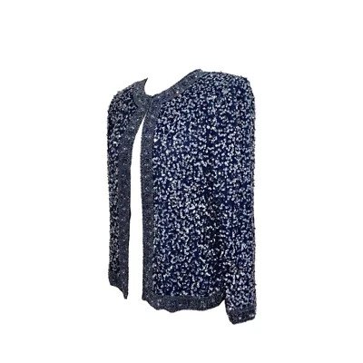 Vintage Scala Navy 100% Pure Silk Beaded Sequin Sparkle Blazer Jacket Size S/M - Image 1 of 4