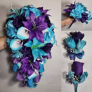 Purple Turquoise Rose Tiger Lily Bridal Wedding Bouquet Accessories - Picture 1 of 28