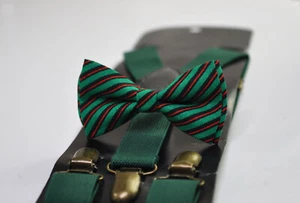 Xmas Christmas Red Green Candy Stripes Bow tie bowtie Green Elasitc Suspenders - Picture 1 of 16