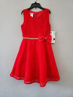 Bonnie Jean girls red lace with Glitter dress. Size 10Y. Gold rhinestone belt. - Image 1 of 4