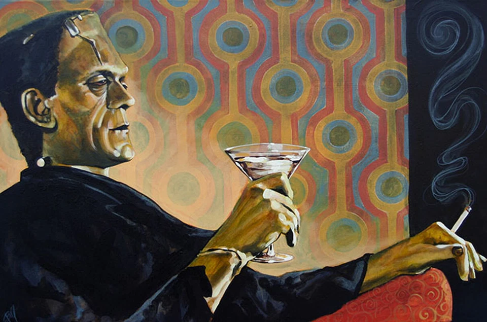 Monstro Melancólico por Mike Bell Tatuagem Arte Tela Giclée Frankenstein Monster - Imagem 1 de 1