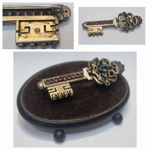 Rare old silver vermeil multi stones signed SR Victorian ? brooch key shape - Picture 1 of 9