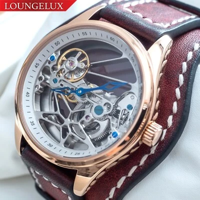 Mens Automatic Mechanical Rose Gold Watch Detachable Red Leather Cuff Strap - image 1 of 4
