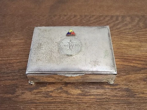 1955 ARMY Hell On Wheels Silver Plate Cigarette Cigar Humidor Trinket Box Prize Cover