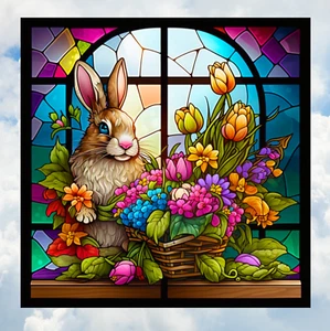 Spring Bunny, Flower Basket Faux Stained-Glass WINDOW CLING Size 8" Square Vinyl - Picture 1 of 1