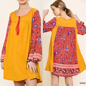 Umgee Kleid Gr. S M L Blumen Bauern Orange Rot V-Ausschnitt Tunika Floral Damen Neu - Bild 1 von 6