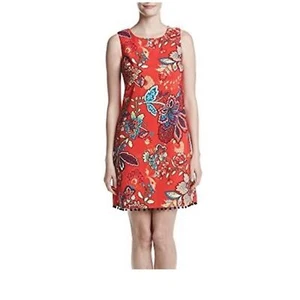 AGB Bright Bold Multicolor Floral Sleeveless Dress Black Pompom Hem Pockets 8 - Picture 1 of 11