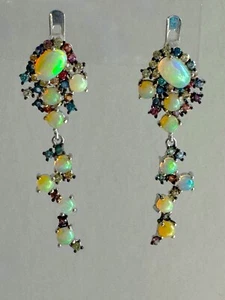 Eye Catching  925 Sterling Silver Fire Opal 6x4mm Sapphire  Dandle Drop Earrings - Picture 1 of 5