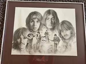 Beatles 1976 Glen Bamse Pencil Charcoal Drawing Vintage Framed - Picture 1 of 3