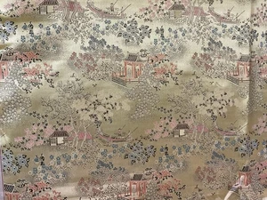 Antique Gold Background Silk Brocade Pagodas Cherry Blossoms - Picture 1 of 7