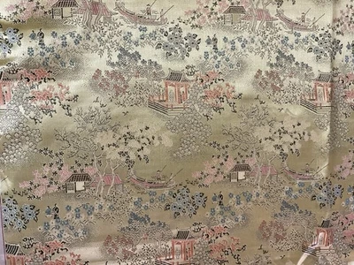 Antique Gold Background Silk Brocade Pagodas Cherry Blossoms - Image 1 of 4