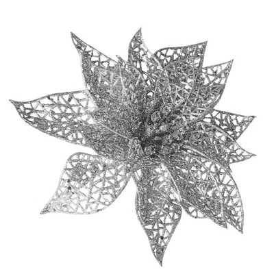 Decorazione Natalizia Poinsettia Con Clip In Glitter Argento 22Cm - Immagine 1 di 2