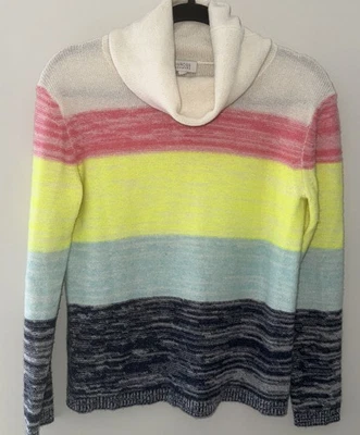 Kinross Cashmere Color Block Cowl Neck Blue Green, Navy & Pink Sweater. Large. - Image 1 of 4