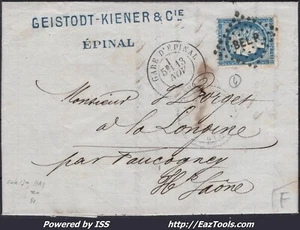 FRANCE N°60C SUR LETTRE AVEC AMBULANT BELP + CAD GARE D'EPINAL DU 13/11/1875 - Picture 1 of 2