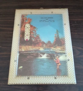 Quadro pubblicitario vintage incorniciato con termometro, pesca, mulino city bar Nevada, anni 40 - Foto 1 di 12