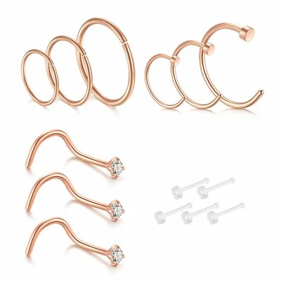 9pcs 18 Gauge Nose Ring Hoop Nose Screws Nose Studs Body Piercing Jewelry - Image 1 of 3
