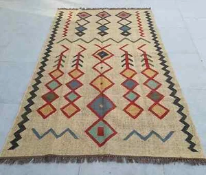 Vintage Tribal Rug Kilim Southwestern Navajo Wool Jute Handmade Bedroom Carpet - Picture 1 of 8