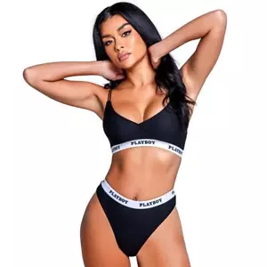 Playboy Bralette Set Logo elastische Tanga Höschen sportlich sportlich Netz schwarz LI132 - Bild 1 von 5