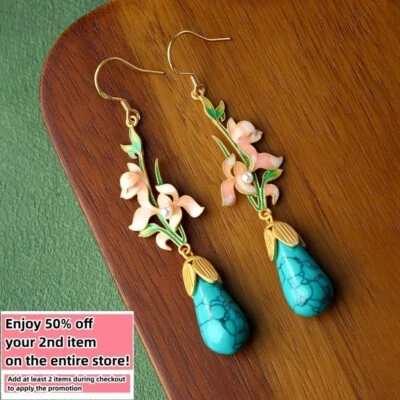 Bohemian Turquoise Gemstone Drop Earrings – Dainty Flowers 18K Gold Plated Hook - Image 1 of 4
