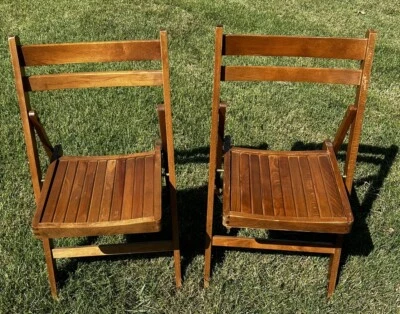 Vintage Mid Century Wood 2 Slatted Folding Chair - Image 1 of 4