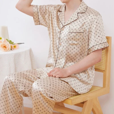 Conjunto de pijamas masculinos 19 mm 100% seda amoreira manga curta seda roupa de dormir M a 3XL - Imagem 1 de 4