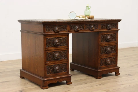 Victorian Oak Antique Office Library Desk, Carved Pulls #45244 Cover