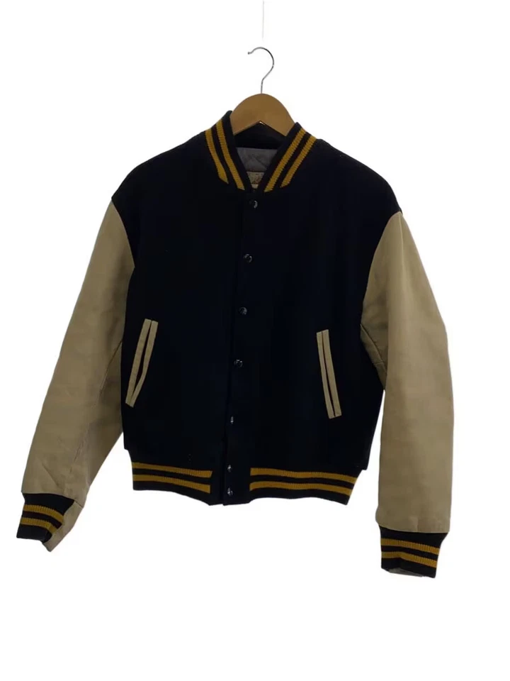 GOLDEN BEAR 80s USA Made Wool Stadium Jacket with Leather Sleeves, Size M, Black - Image 1 of 4