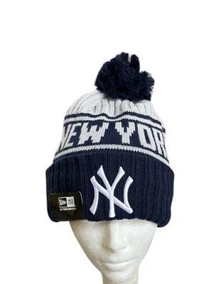 New York Yankees New Era Beanie Knit Pom Winter Hat Navy Gray & White MLB