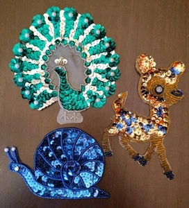 Lot Of 3 Vintage Sequined Beaded Sew-On Appliques Snail Peacock Deer - Picture 1 of 7
