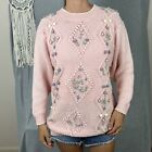 Vintage Billie Jo Cable Knit Jumper Sweater S Pink Floral Cottage Grandma Core