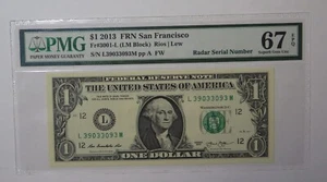 2013 $1 San Francisco FRN 3001-L RADAR NOTE SERIAL # 39033093 PMG 67 EPQ - Picture 1 of 5