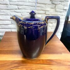 Antique Cobalt Blue and Gold Coffee Teapot with Enamel Painted Flowers