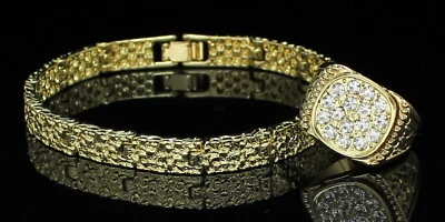 Mens 2pc Nugget Design 8mm Bracelet Icy CZ Ring Set 14k Gold Plated Hip Hop  - Image 1 of 4