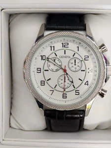 Men's Geneva Watch Stainless Steel Case Leather Band Analog Quartz Sport Watches - Picture 1 of 2