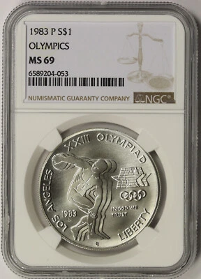 1983-P Olympics Discus Thrower Modern Silver Commemorative Dollar $1 MS 69 NGC - Image 1 of 4