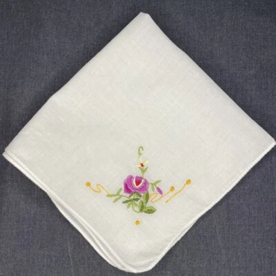 Hankie Embroidered Handkerchief Red Pink Roses Floral Long Stem Granny Core - Image 1 of 4