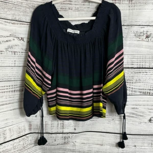 Apiece Apart top womens Sz 0 silk Blouse smocked off shoulder striped tassel - Picture 1 of 13